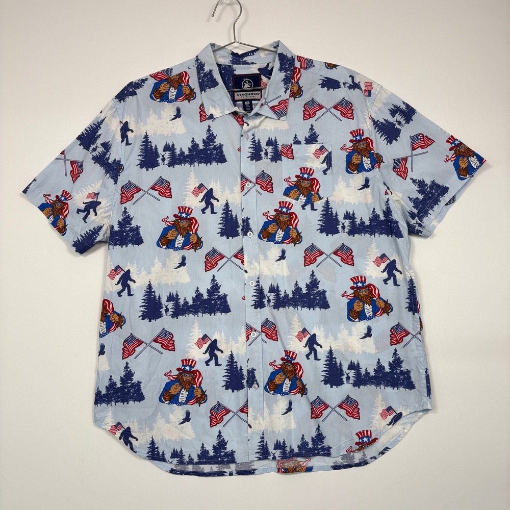 Staghorn Outfitters Mens Button Down Shirt XXL Blue Bigfoot Americana Flag Print